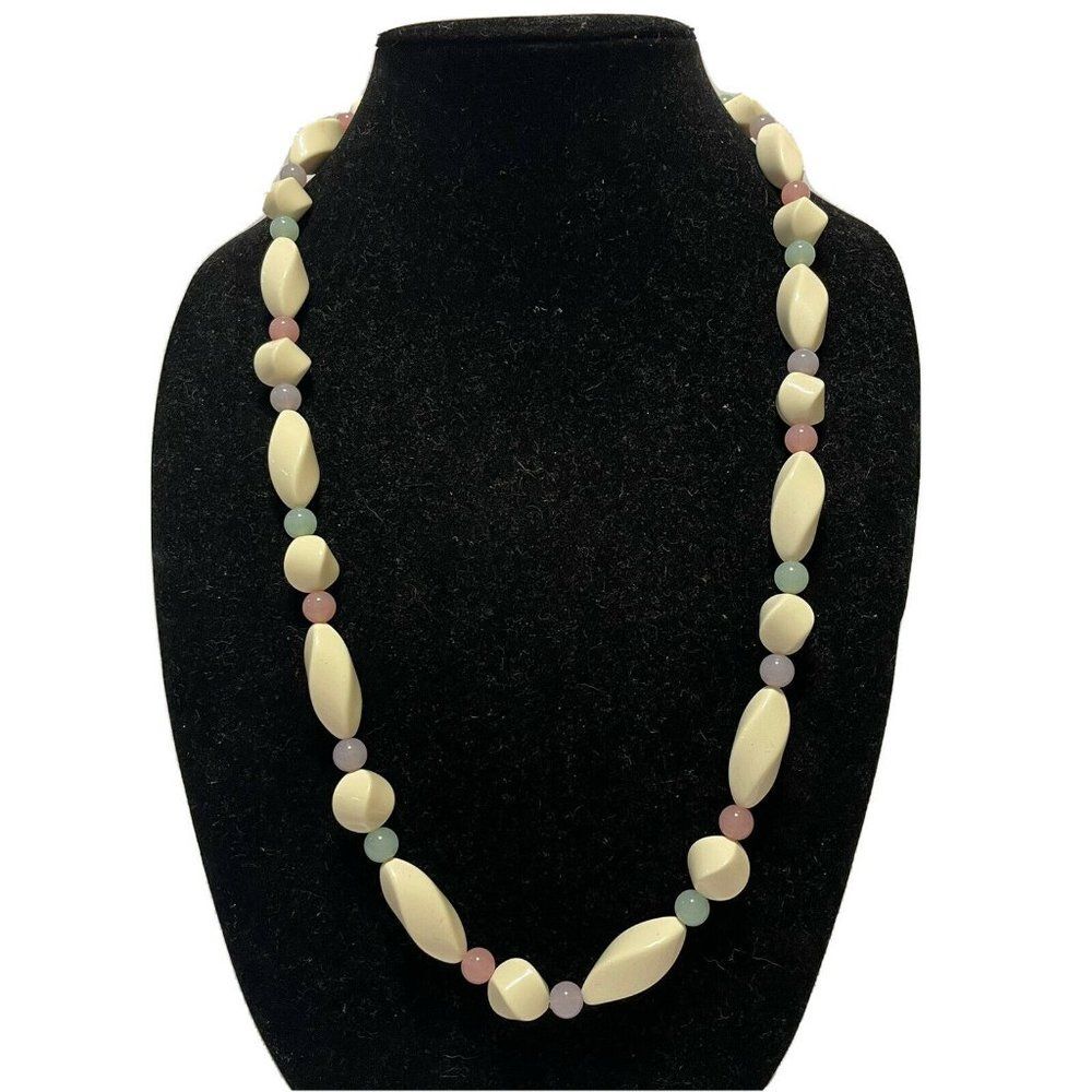 27” vintage 80s off white acrylic beaded necklace Spring clasp Pink Purple Blue